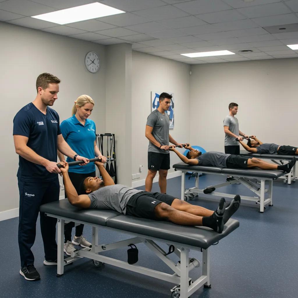 Athletes receiving sports injury treatment in a modern clinic