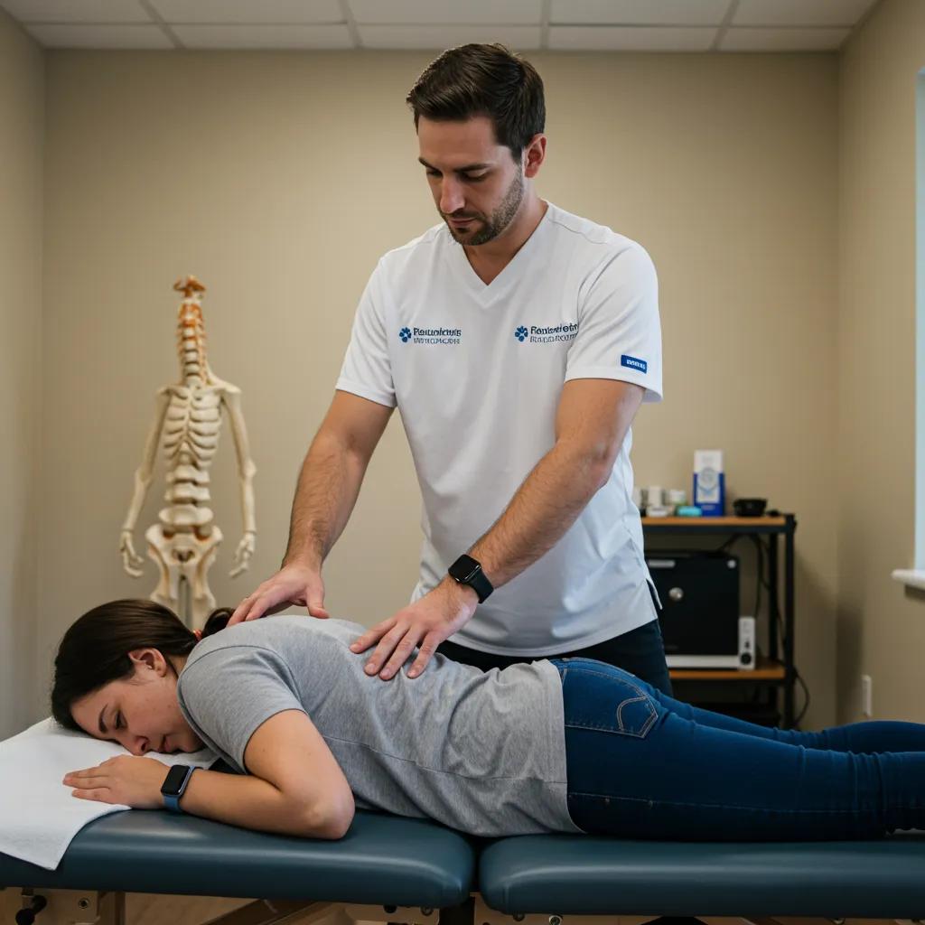Chiropractor adjusting a patient's spine in a treatment room