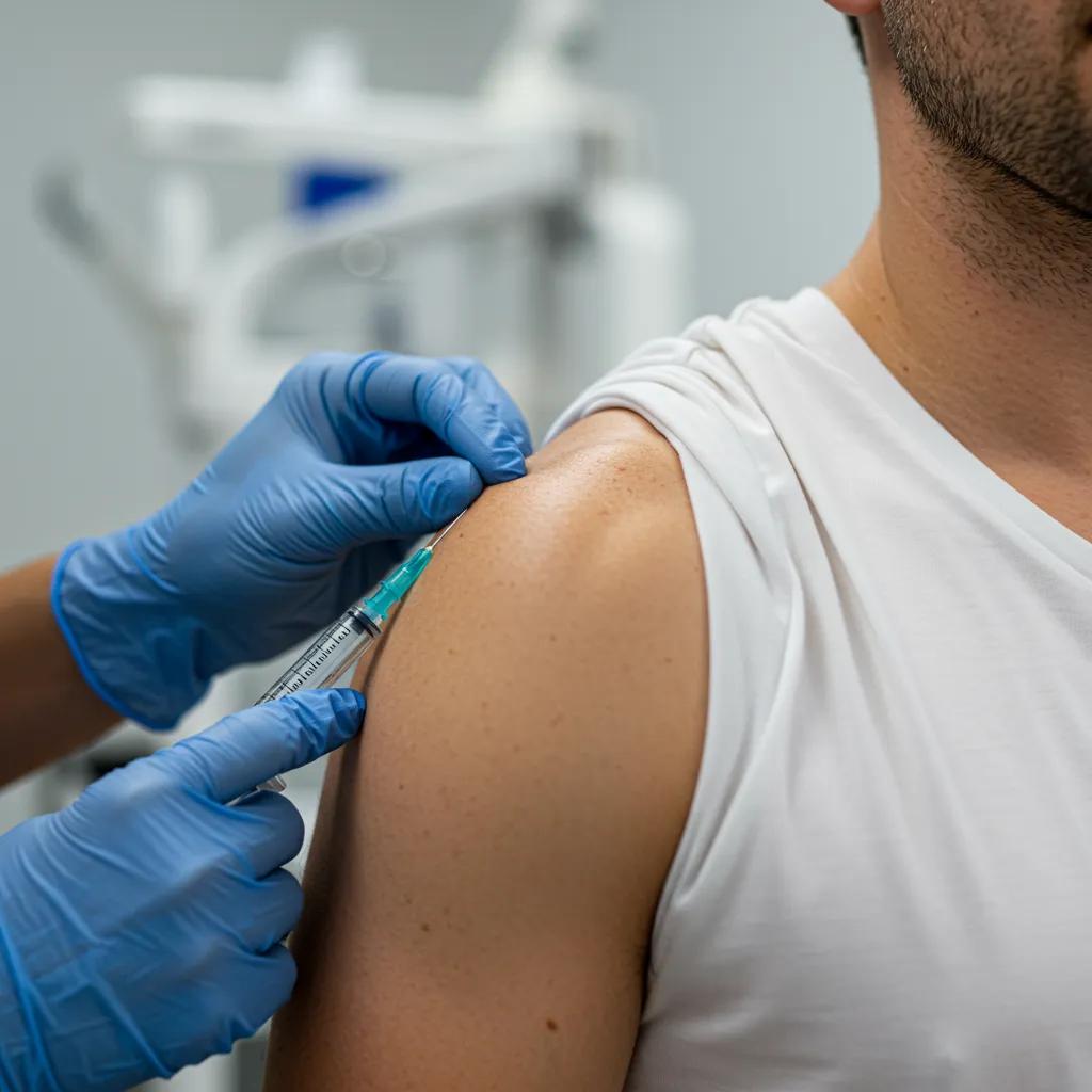 Healthcare professional administering PRP injection to an athlete's shoulder in a clinical setting