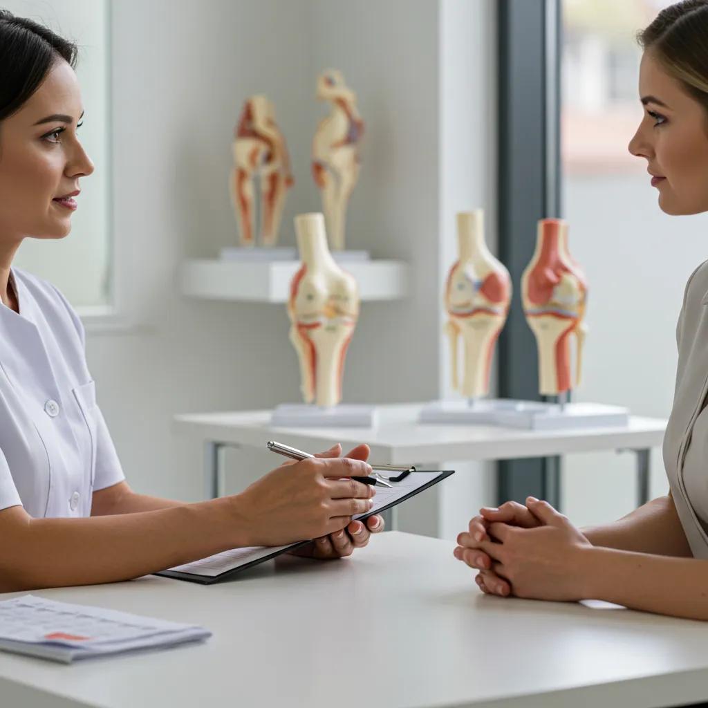 Healthcare professional consulting with a patient about non-surgical knee pain treatment in a modern clinic