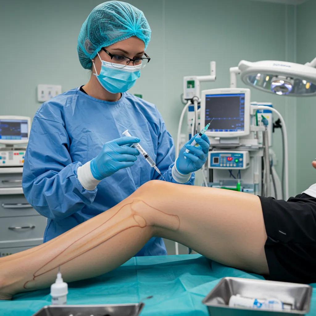 Healthcare professional demonstrating stem cell therapy for joint pain relief with advanced equipment