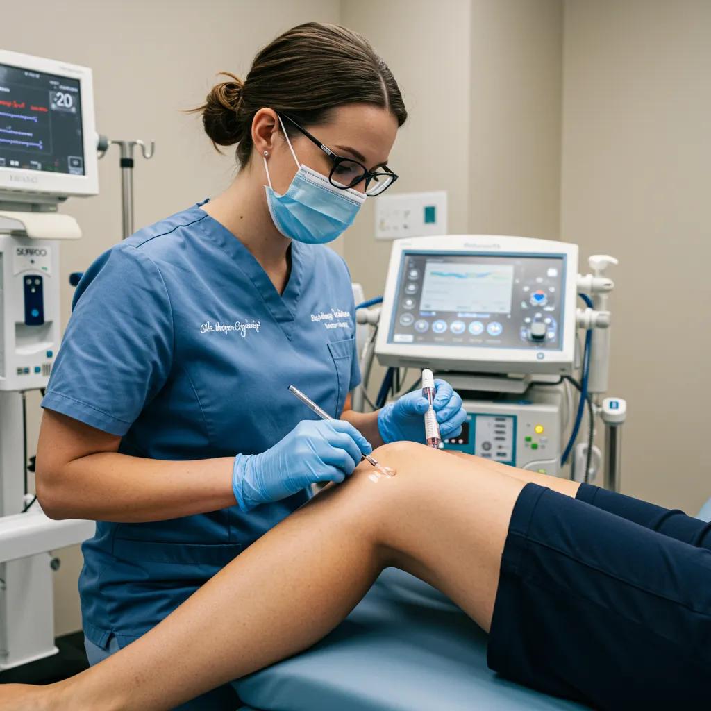 Healthcare professional performing regenerative medicine treatment on a patient's knee in a clinical setting