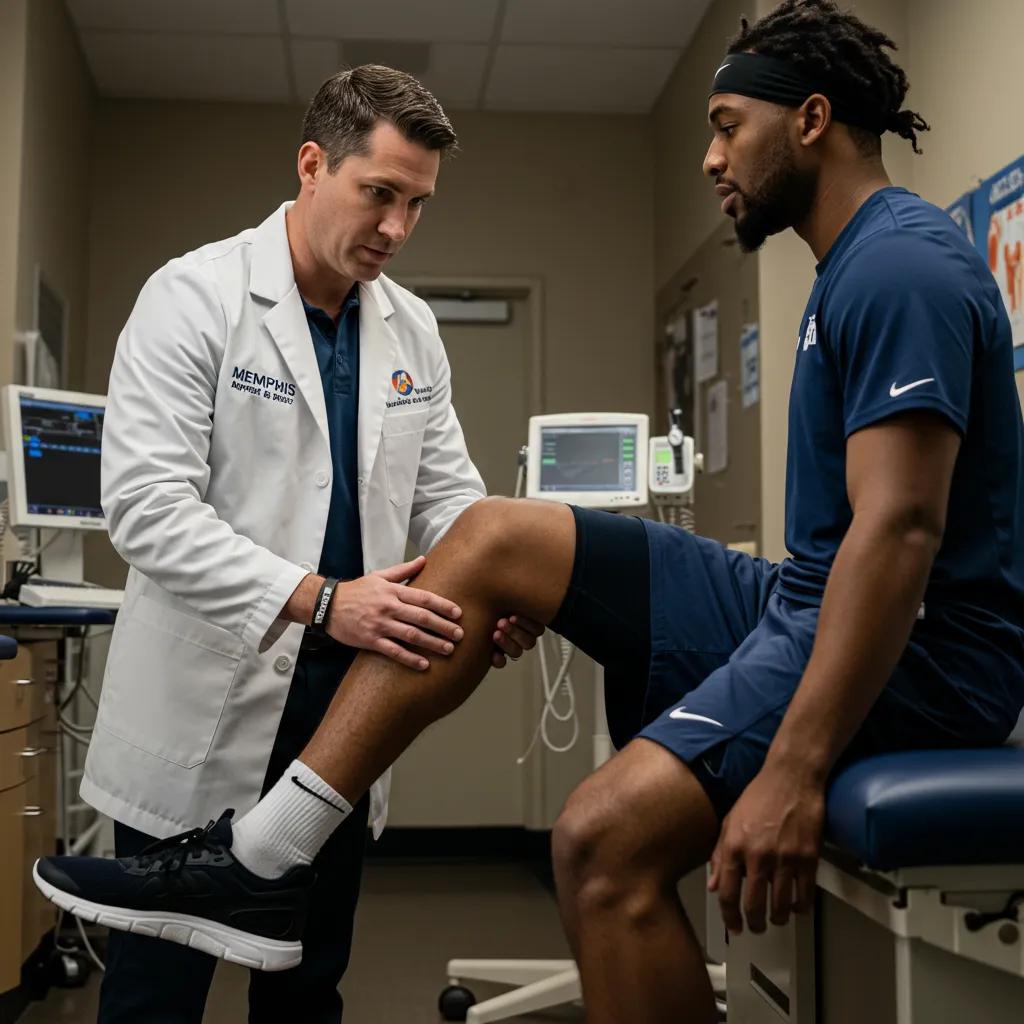 Memphis sports injury specialist examining an athlete's knee in a clinical setting