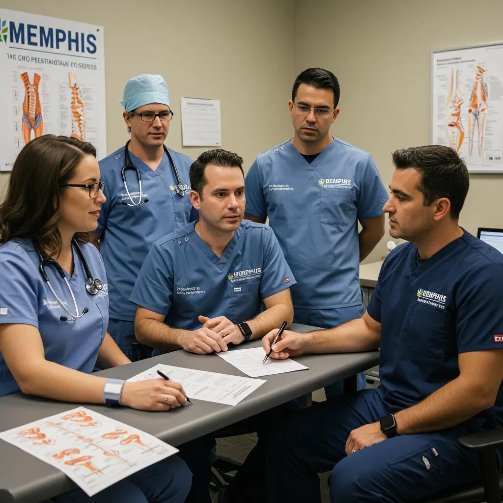 A multidisciplinary team of orthopaedic specialists collaborating on a patient's treatment plan in a Houston clinic