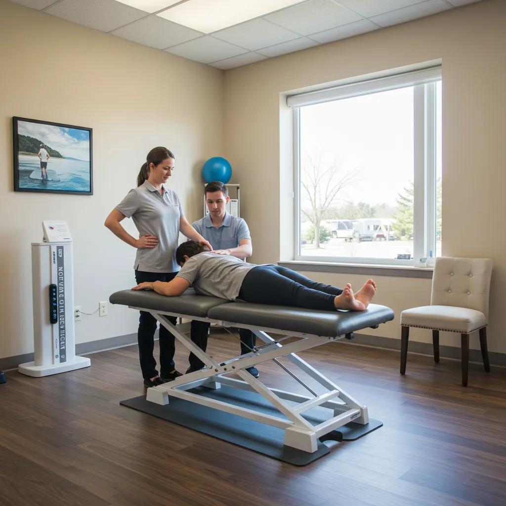 Non-surgical pain relief treatment in a clinic setting with a therapist assisting a patient