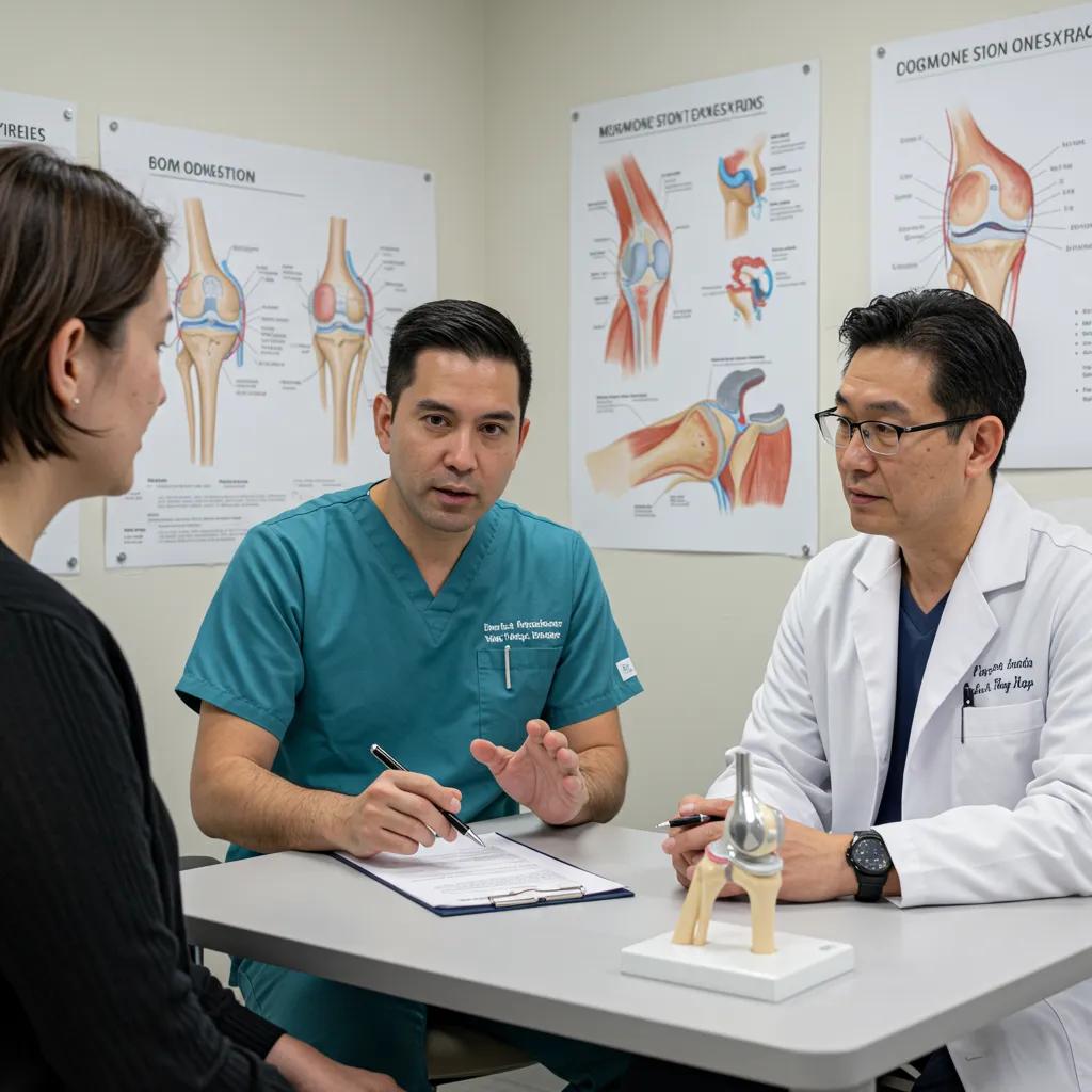 Patient discussing knee replacement surgery options and procedures with a surgeon