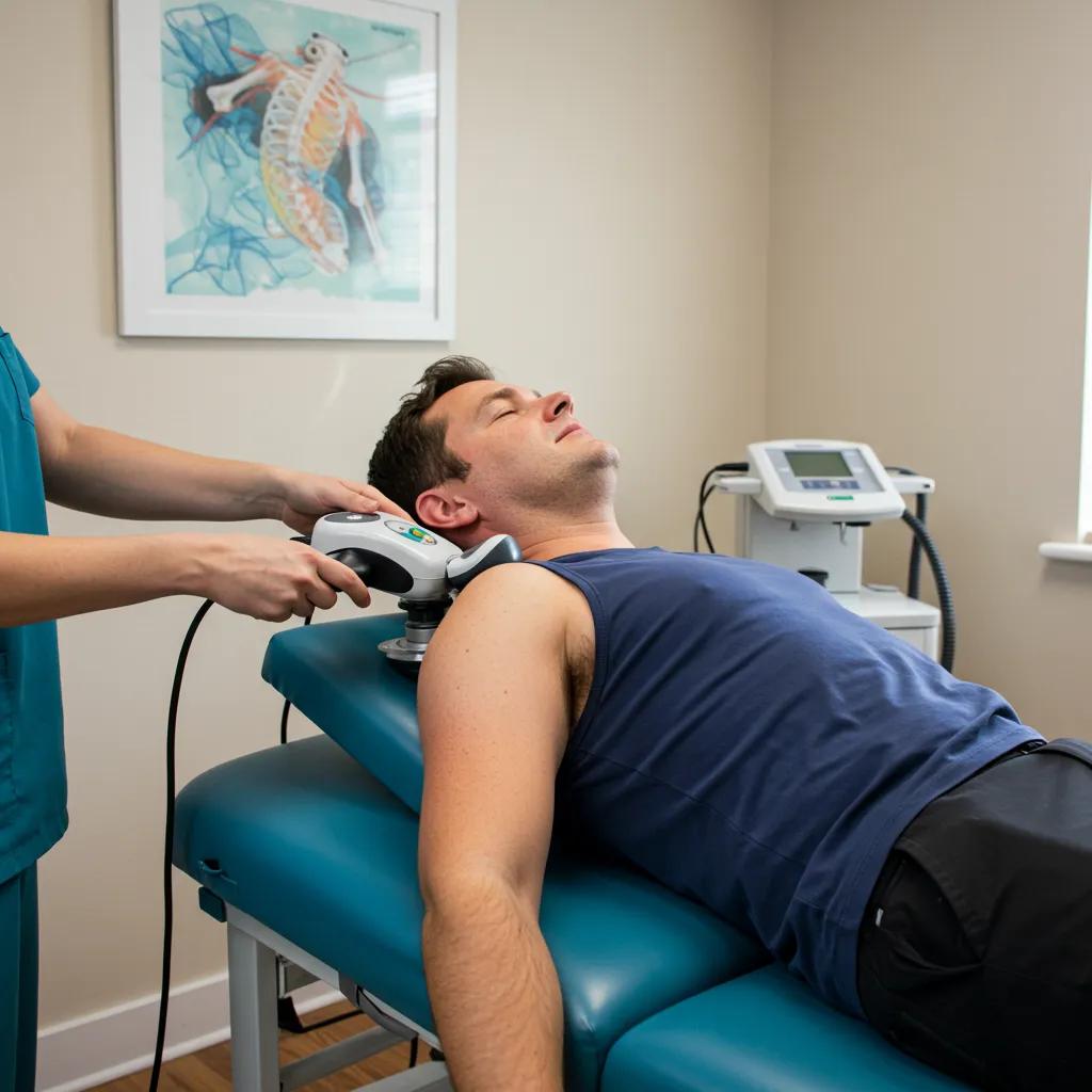 Patient receiving non-surgical shoulder treatment using shockwave therapy in a comfortable clinic environment
