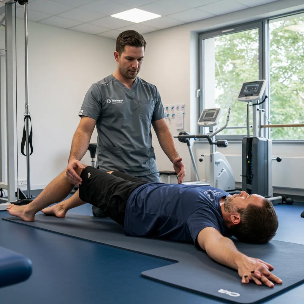 A physical therapist guiding a patient through joint pain exercises in a rehabilitation setting