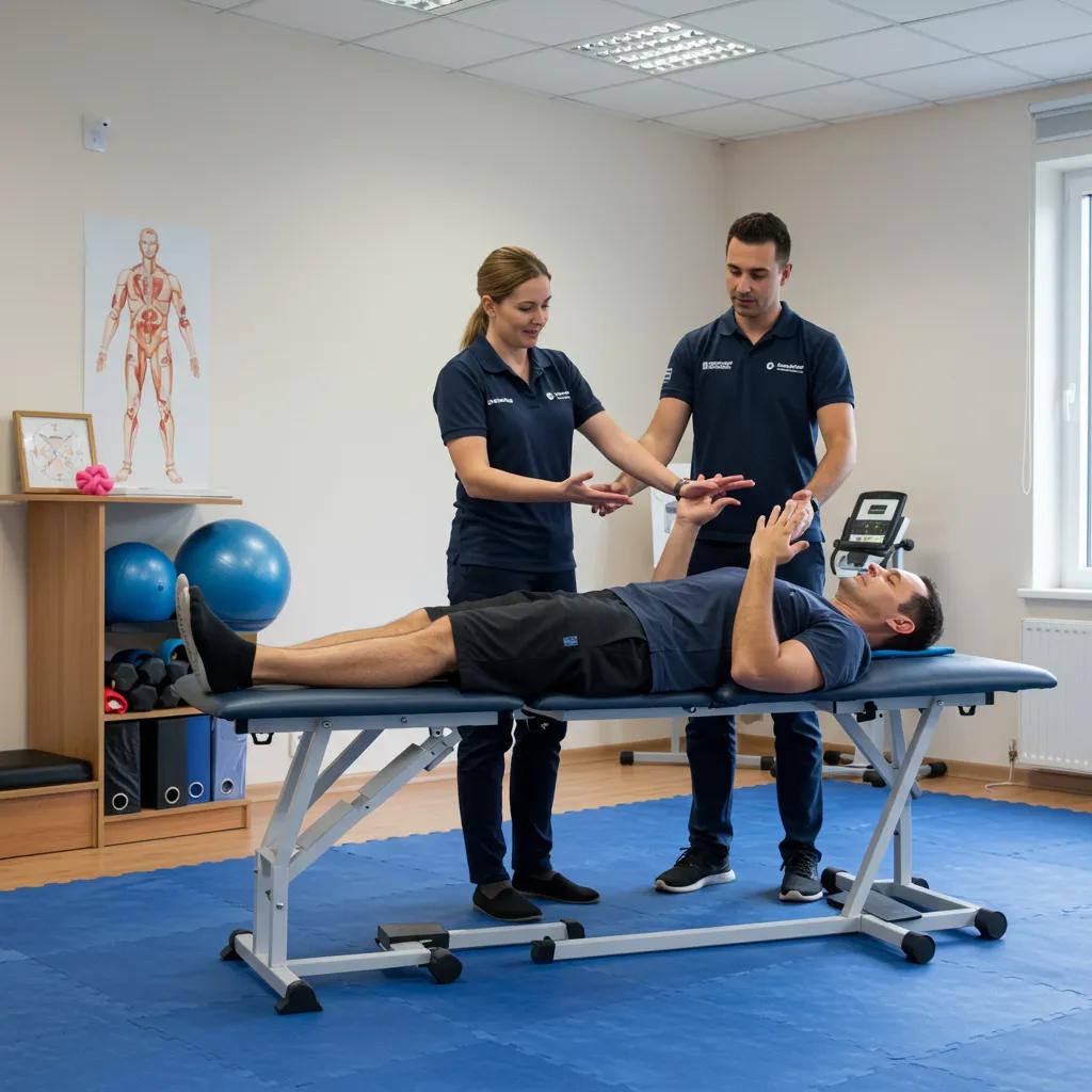 Physical therapist assisting a patient with rehabilitation exercises in a clinic