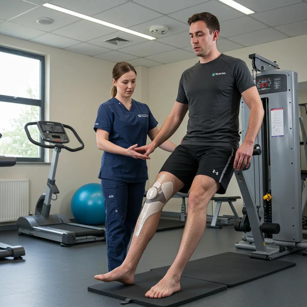 Physical therapist assisting patient in rehabilitation after regenerative orthopaedic therapy