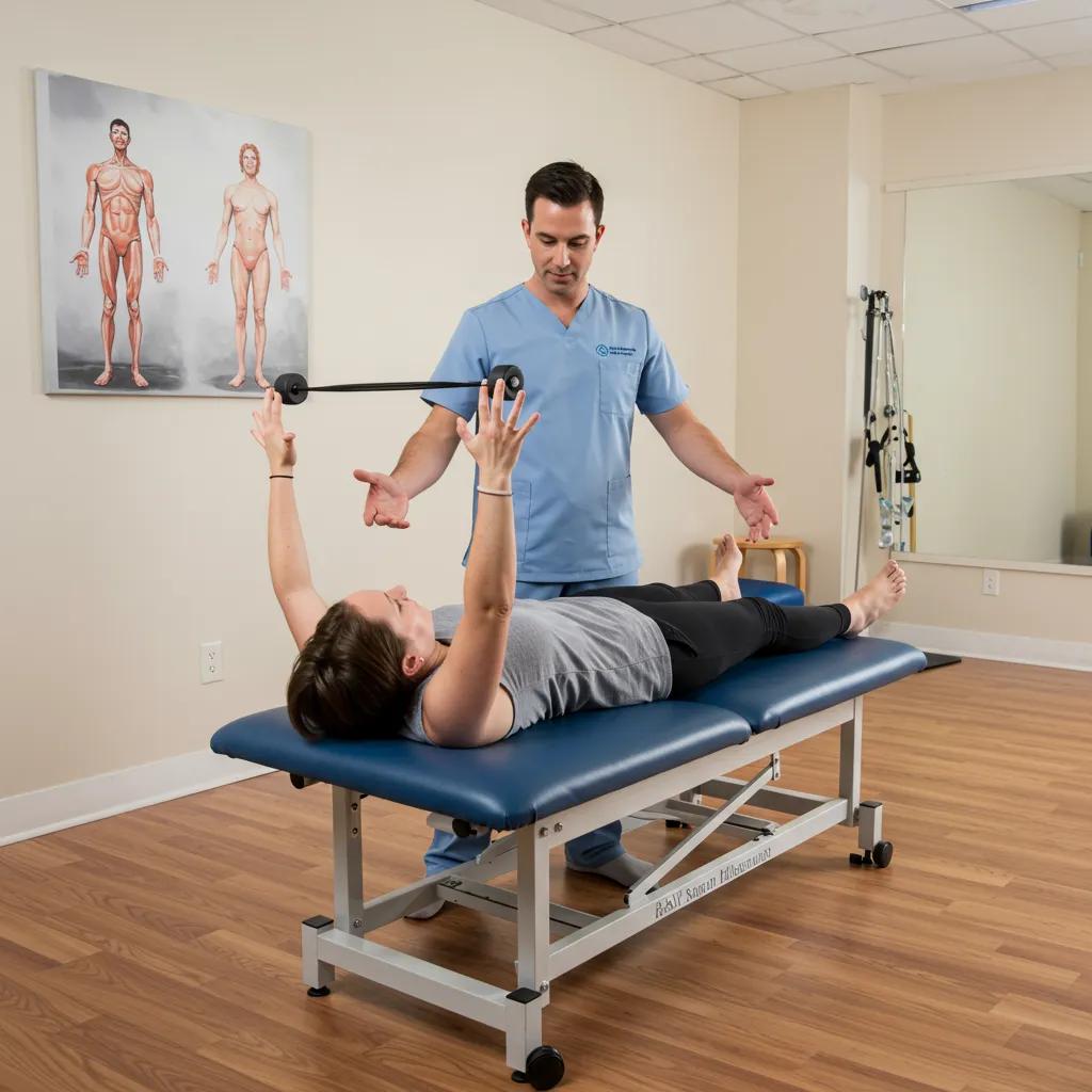 Physical therapist guiding a patient through exercises in a therapy room, showcasing non-surgical treatment options
