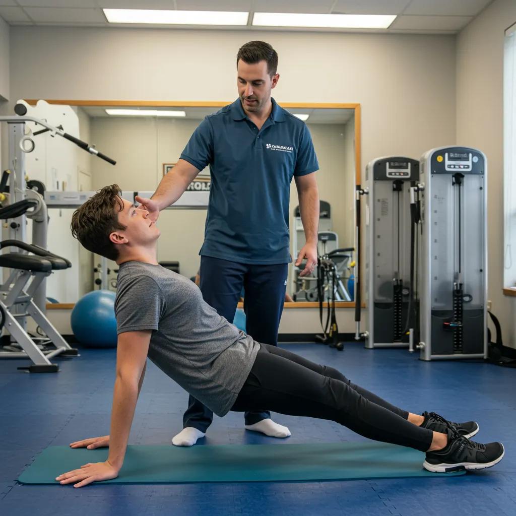 Physical therapist guiding a patient through rehabilitation exercises for spinal health