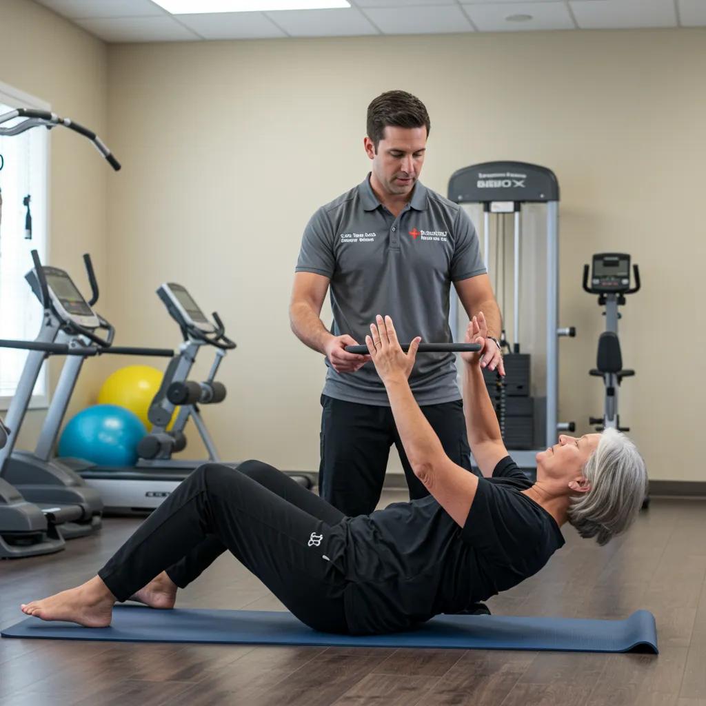 Physical therapist guiding a patient through spine exercises in a rehabilitation setting