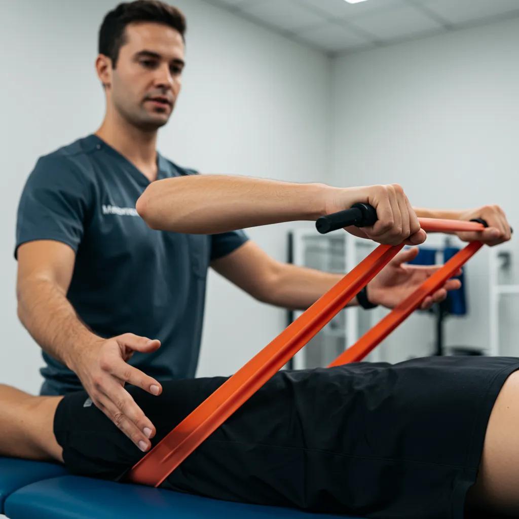 A physical therapist in Houston guiding an athlete through rehabilitation exercises