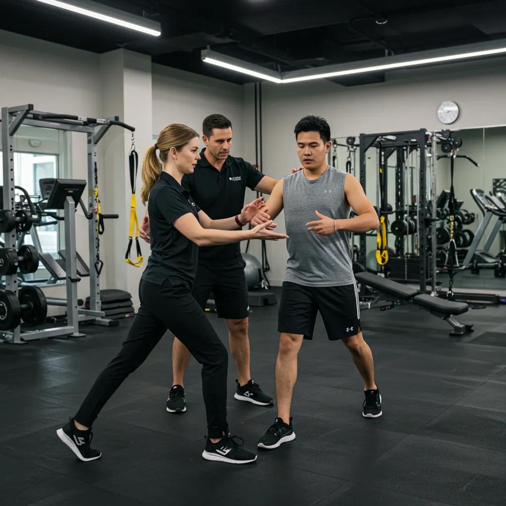 Physical therapist guiding an athlete through rehabilitation exercises in a gym setting