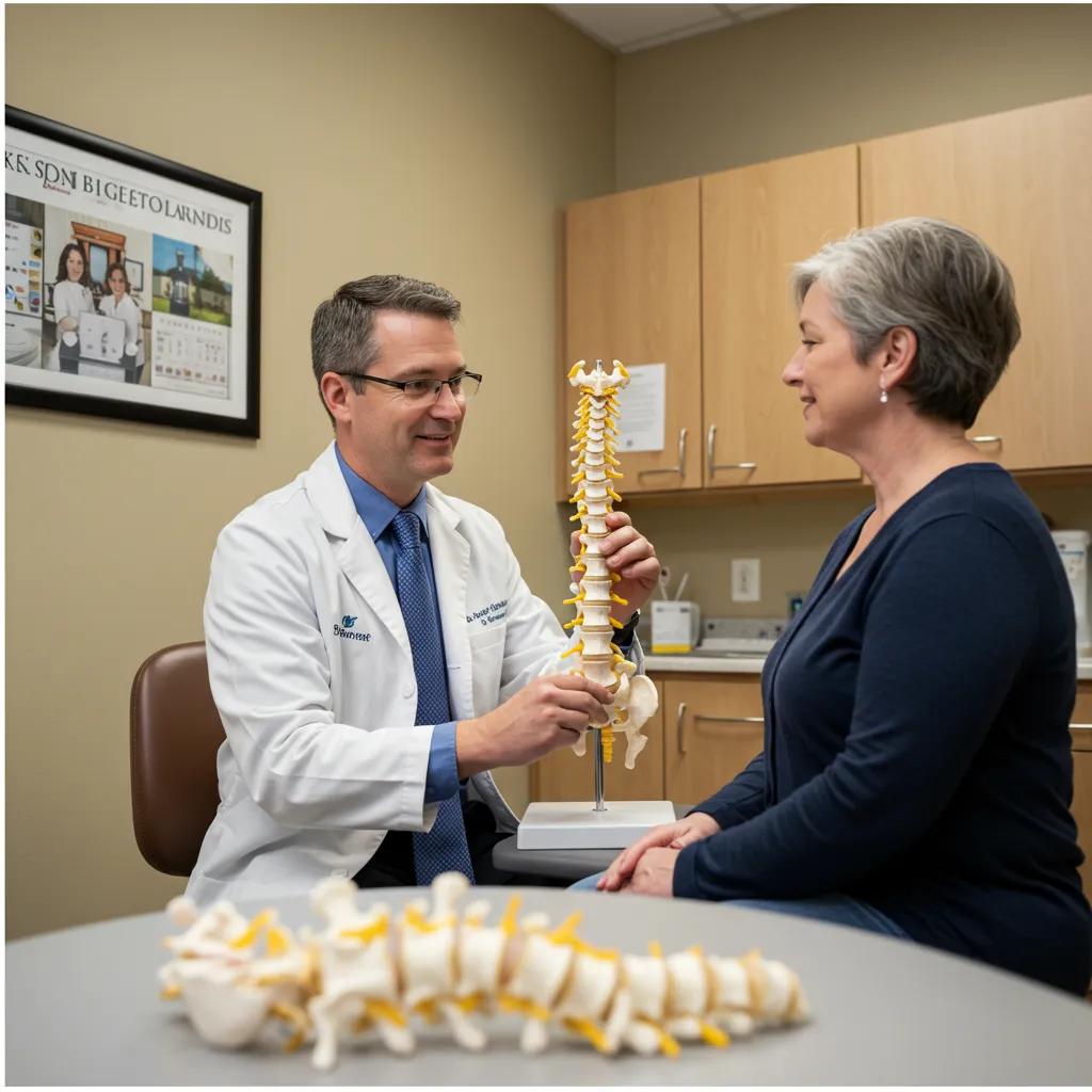 Spine specialist consulting with a patient in a modern clinic, emphasizing patient-centered care