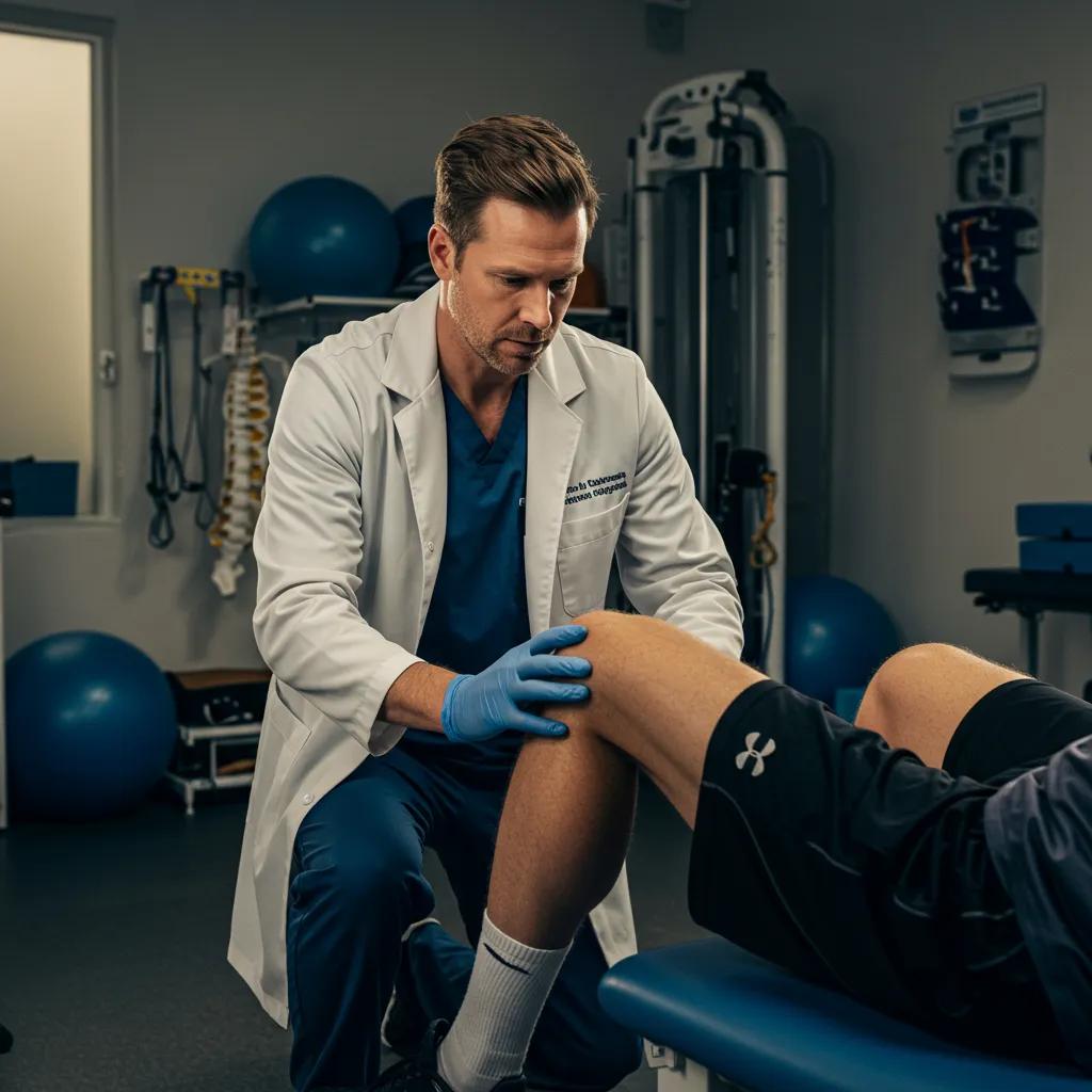Sports medicine specialist evaluating an athlete's knee in a dynamic sports clinic setting
