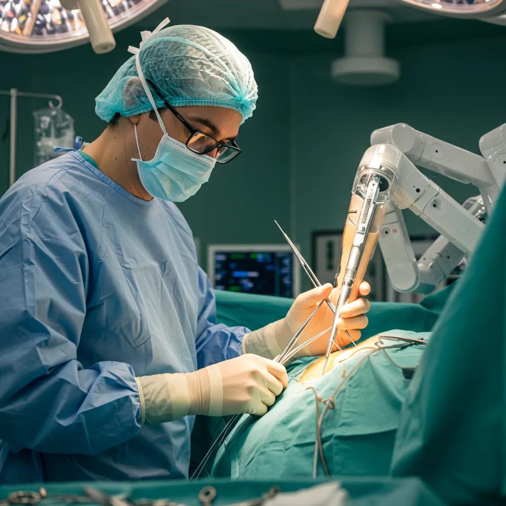 Surgeon performing joint replacement surgery with advanced technology in a sterile environment