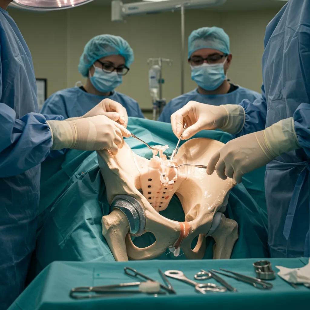 Surgical team performing a hip replacement, showing the hip joint and prosthetic implant