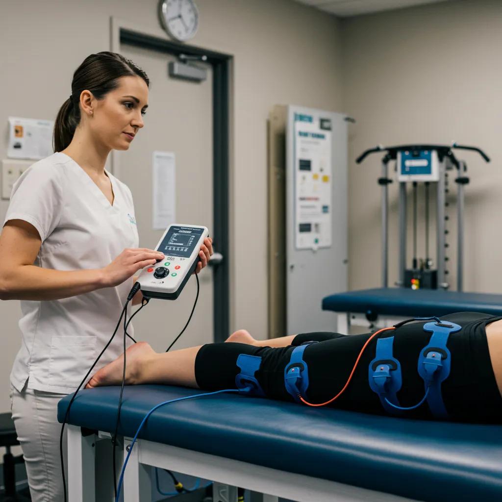Therapist applying neuromuscular electrical stimulation during an orthopaedic rehabilitation session