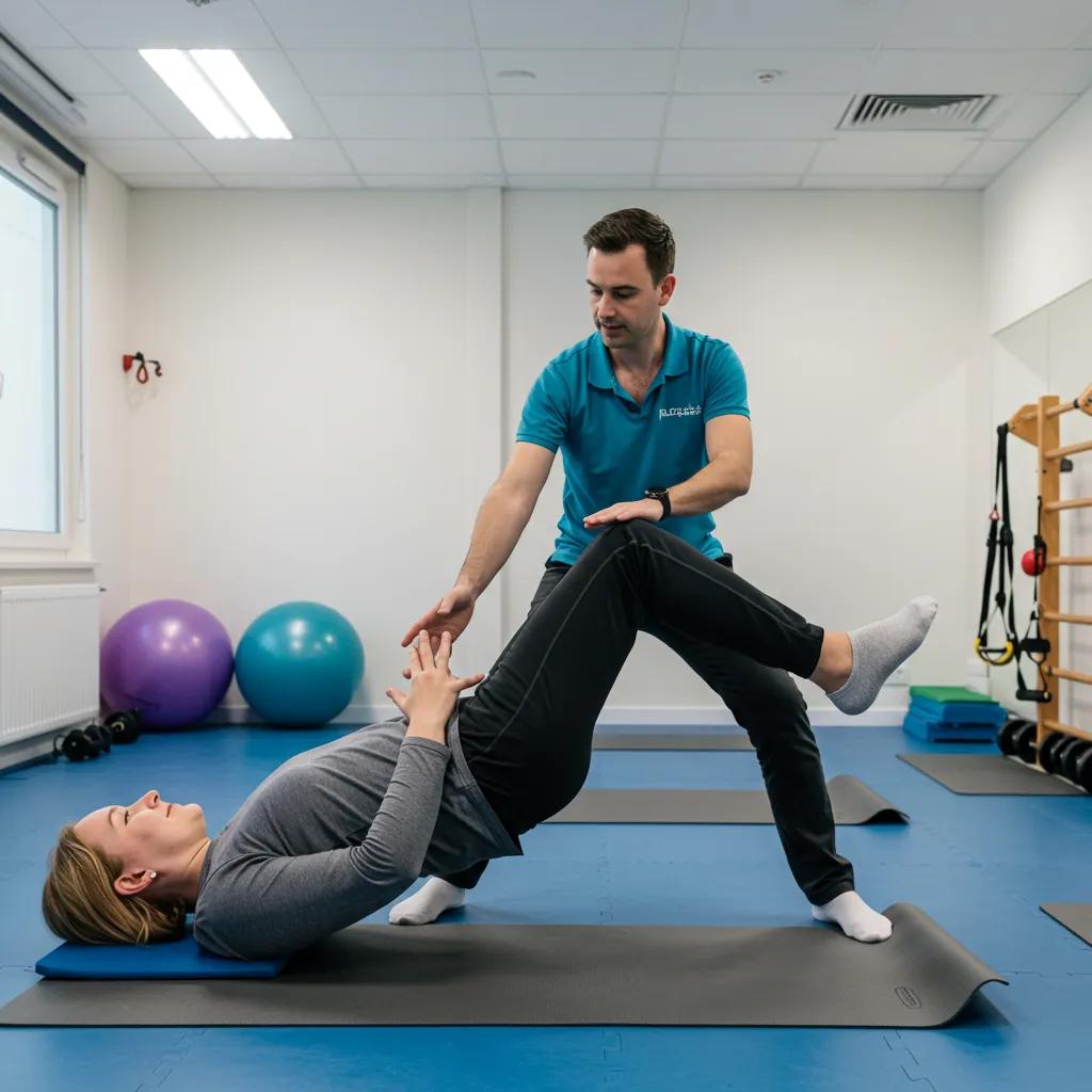 Physical therapist assisting a patient with pain management exercises