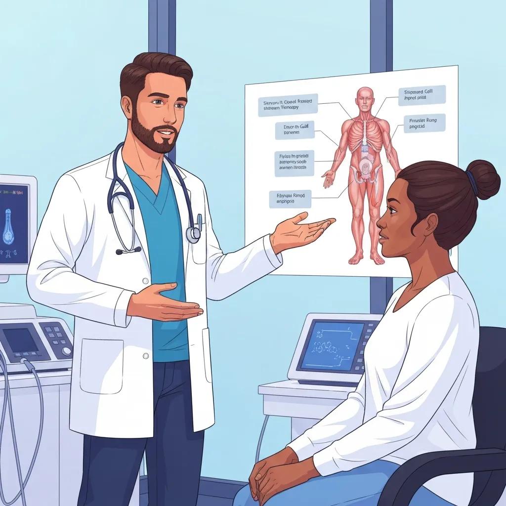 Healthcare professional explaining stem cell therapy to a patient in a modern clinic