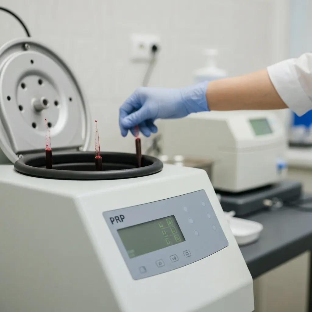 PRP therapy preparation in a clinical setting showcasing blood samples and centrifuge