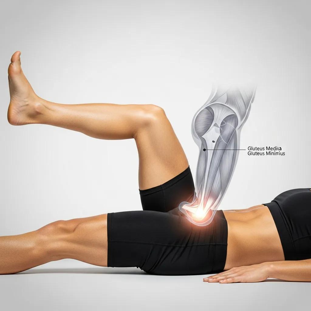 Close-up of a person performing a clamshell exercise to target gluteus medius for knee stability