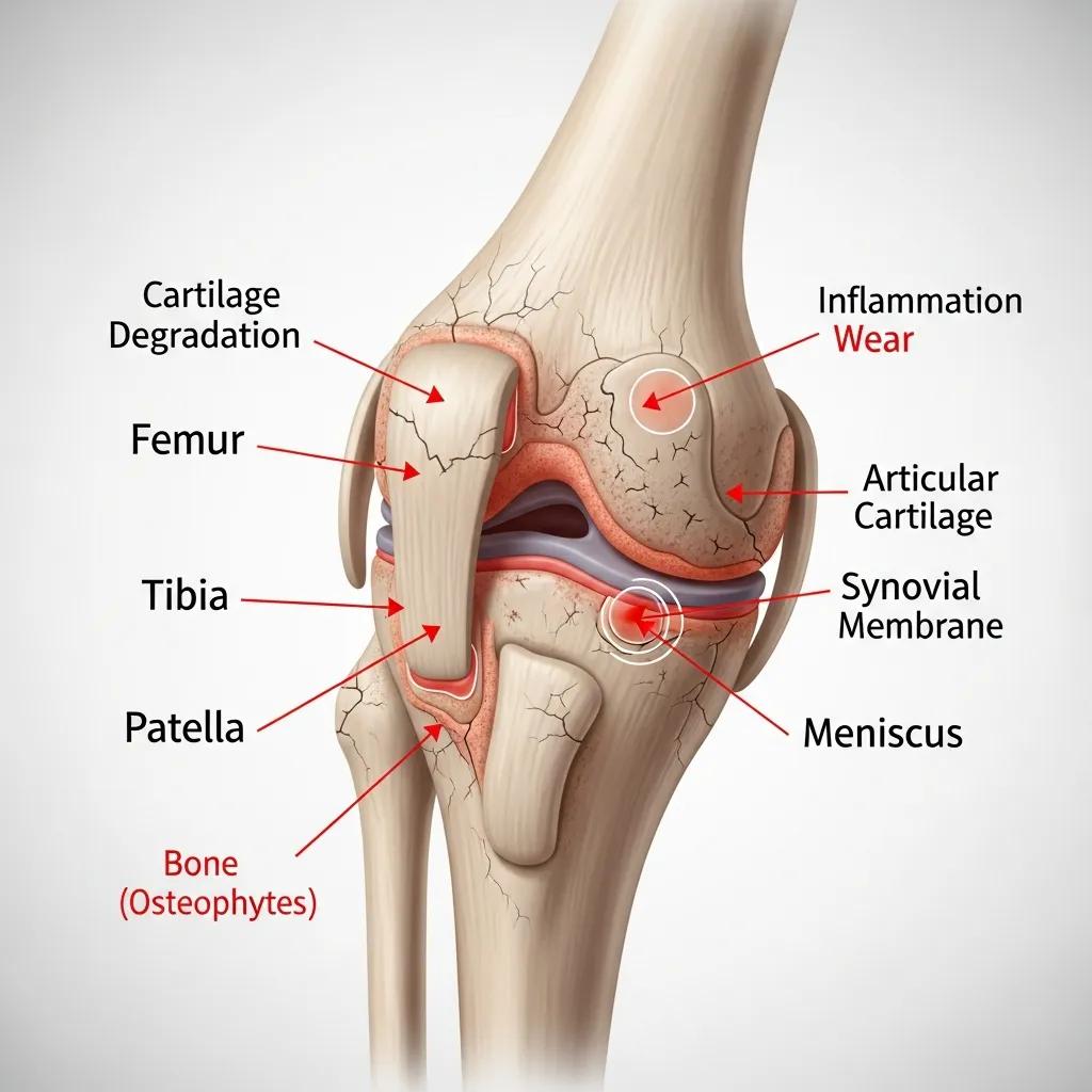 Detailed knee joint model illustrating osteoarthritis effects, highlighting inflammation and cartilage wear