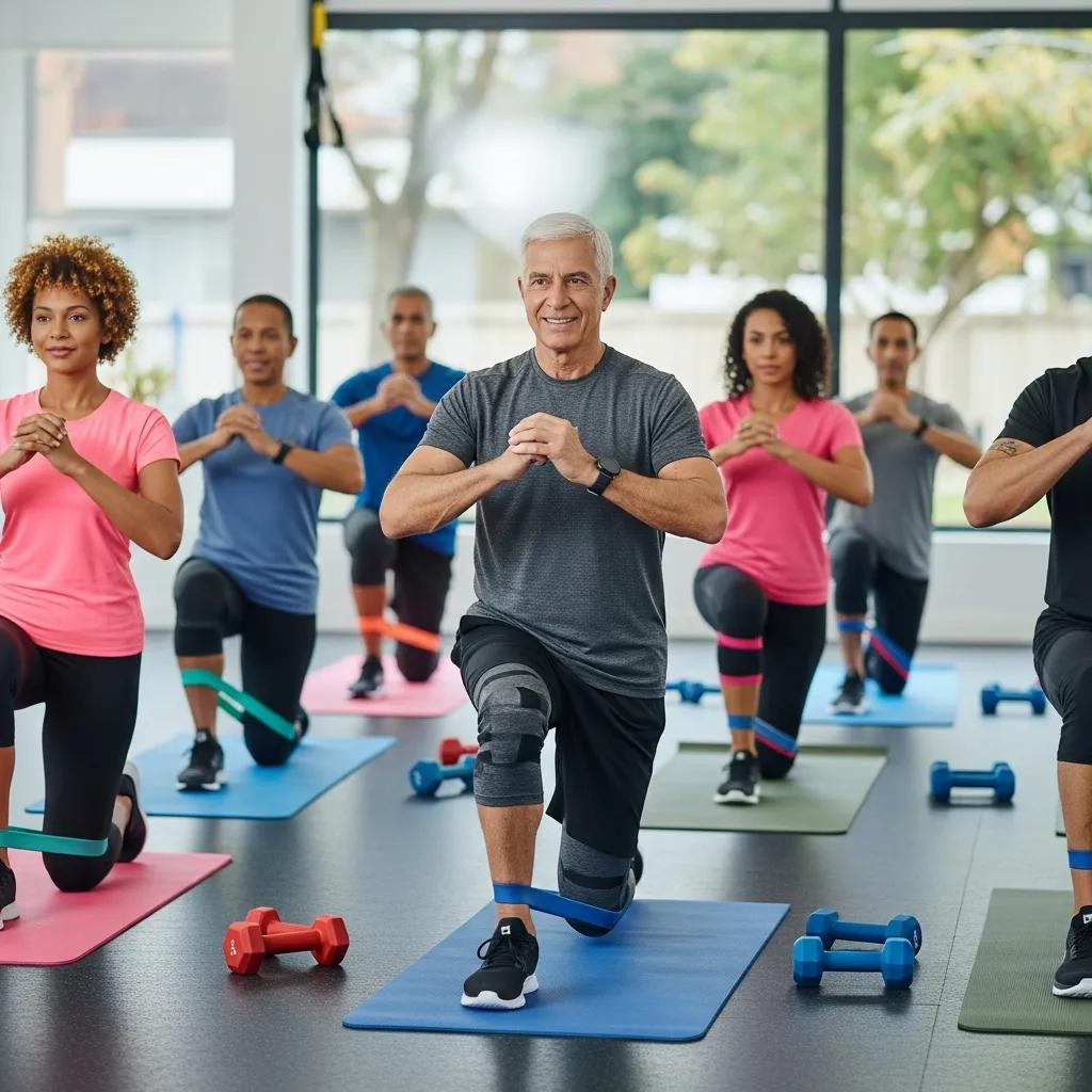 Group of diverse individuals engaging in knee strengthening exercises in a gym setting