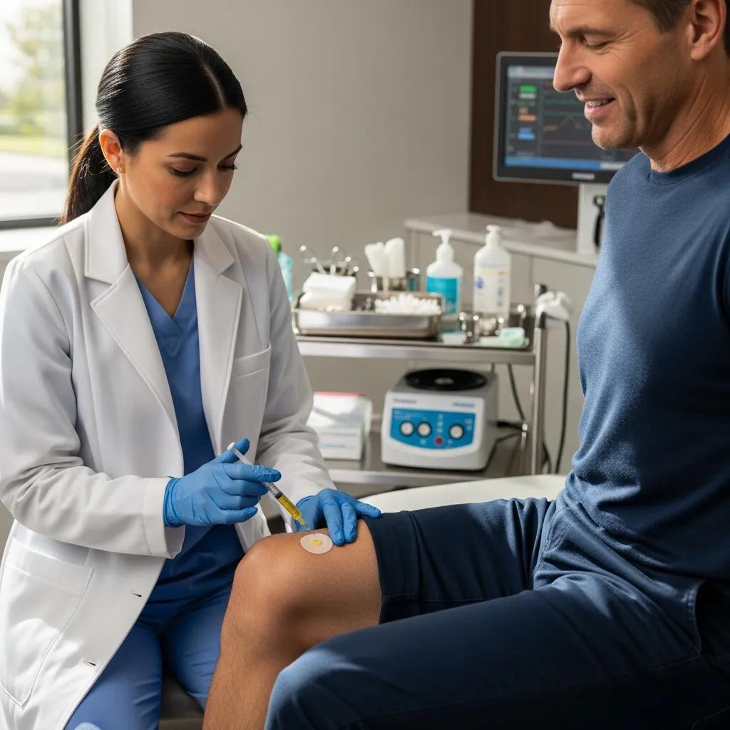Healthcare professional administering regenerative medicine treatment for knee pain relief