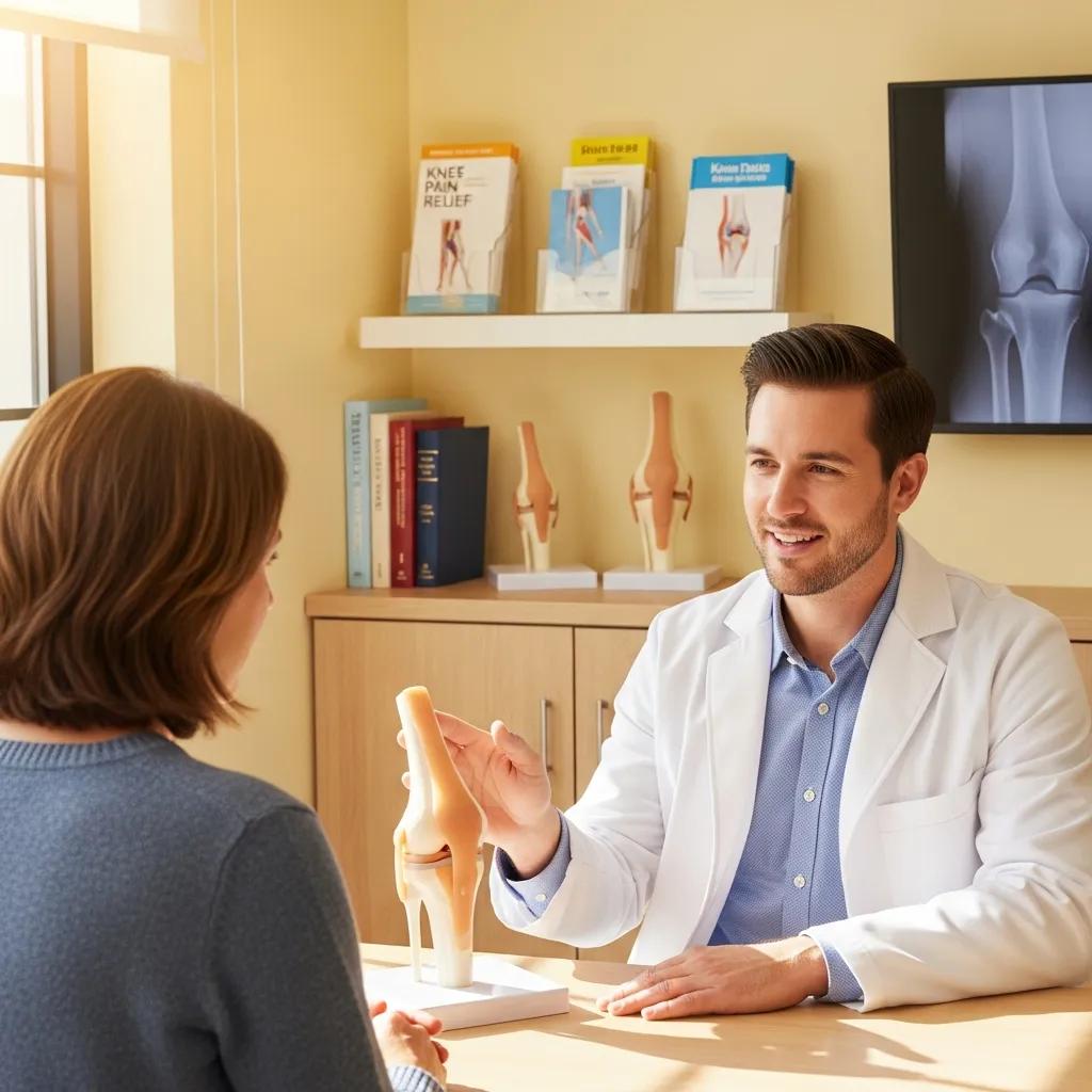 Healthcare professional discussing non-surgical knee pain treatment options with a patient in a modern clinic