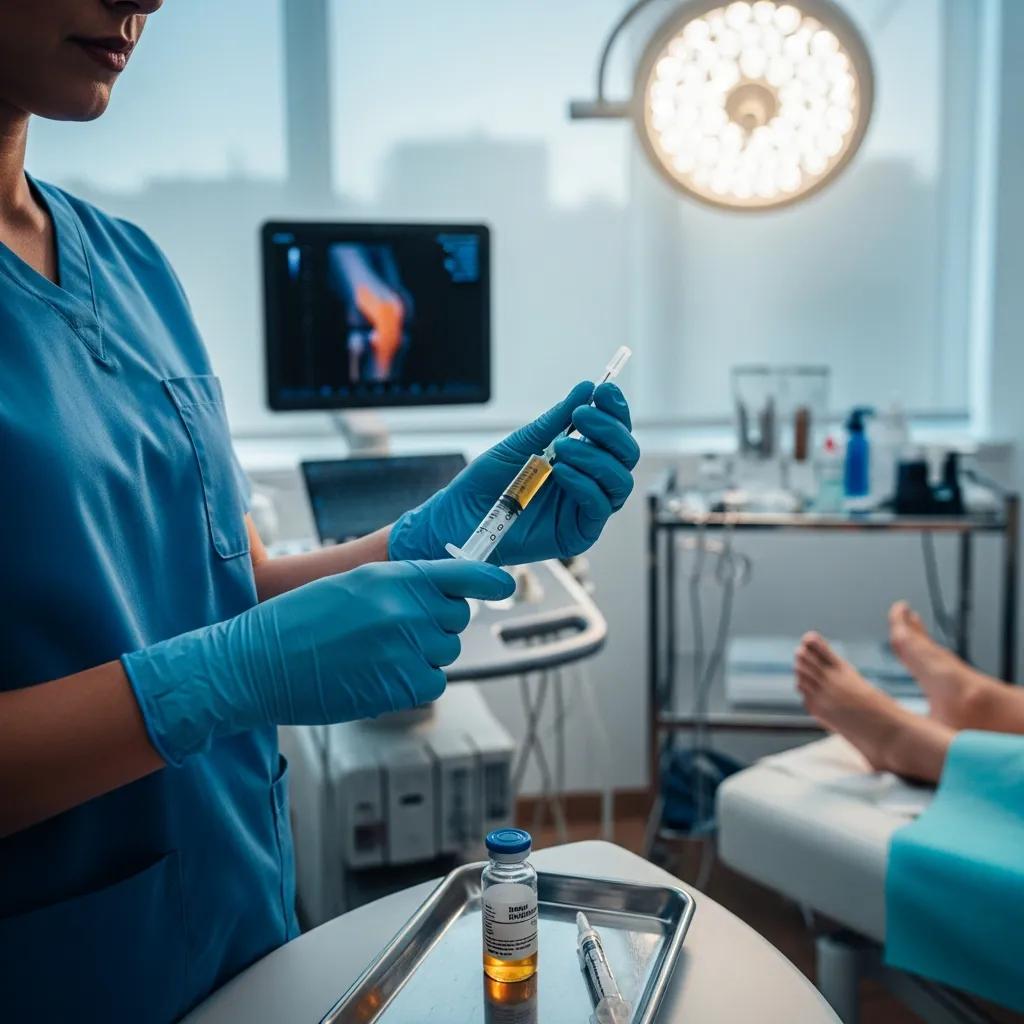 Healthcare professional preparing a regenerative injection for knee pain treatment