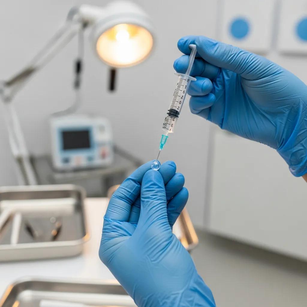 Healthcare professional preparing hyaluronic acid injection for knee pain treatment