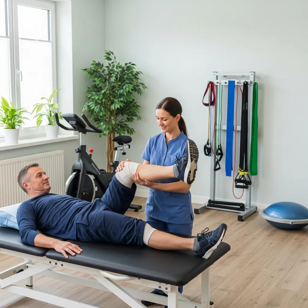 Patient receiving non-surgical knee therapy in a welcoming clinic environment