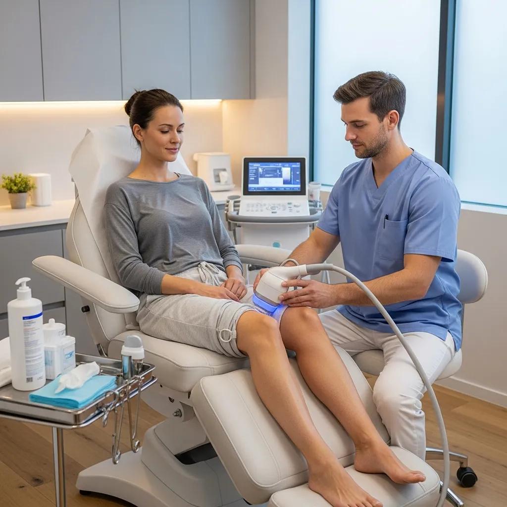Patient receiving non-surgical shockwave therapy treatment for knee health in a clinical setting