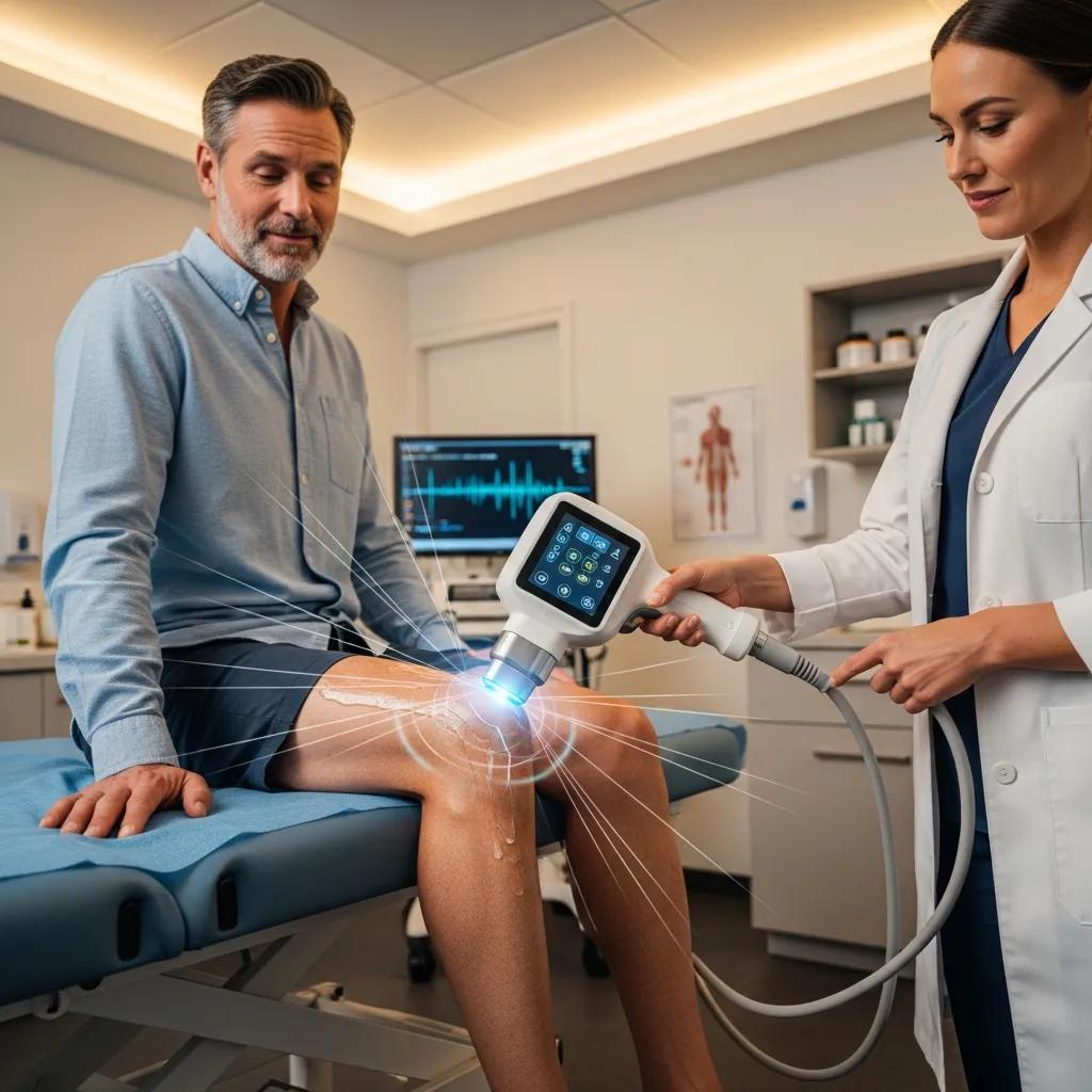 Patient undergoing shockwave therapy for knee pain in a modern clinic setting