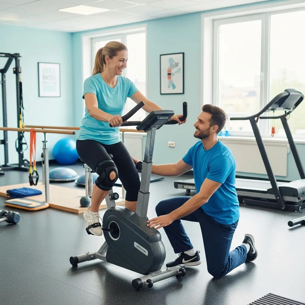 Smiling patient undergoing rehabilitation for knee pain, showcasing success after non-surgical treatment