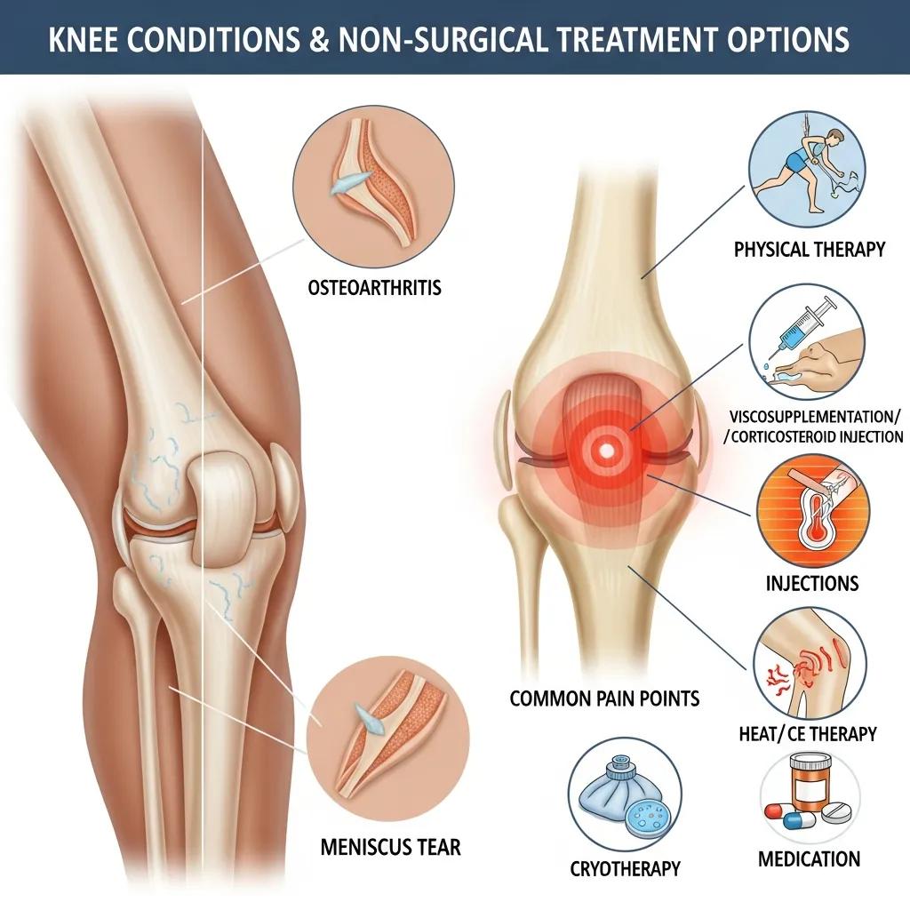 Visual representation of common knee conditions treated non-surgically, including osteoarthritis and meniscus tears
